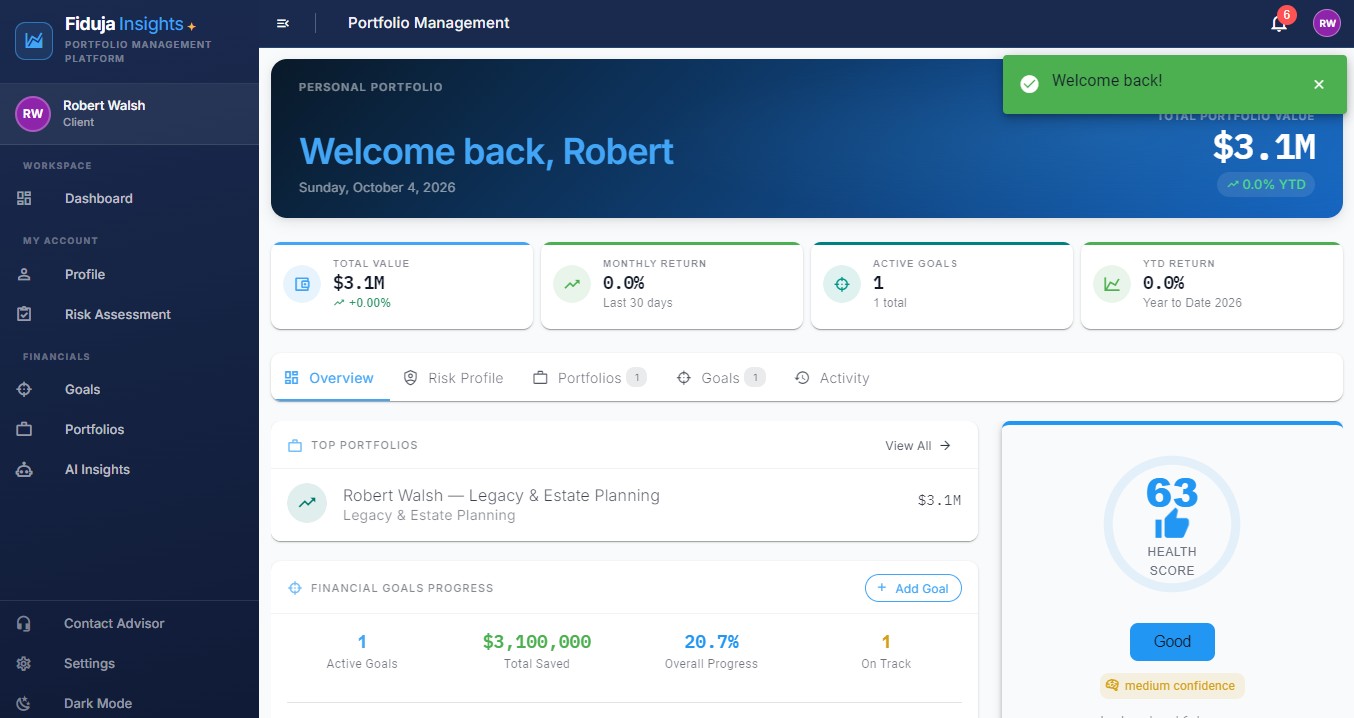 Fiduja Insights client dashboard showing portfolio value, financial goals, and a portfolio health score
